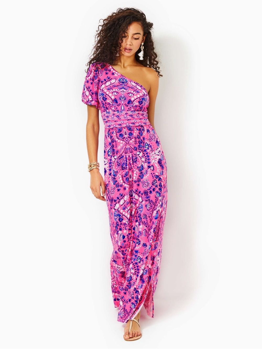 Lilly Pulitzer One-Shoulder Pink & Blue Floral Maxi Dress